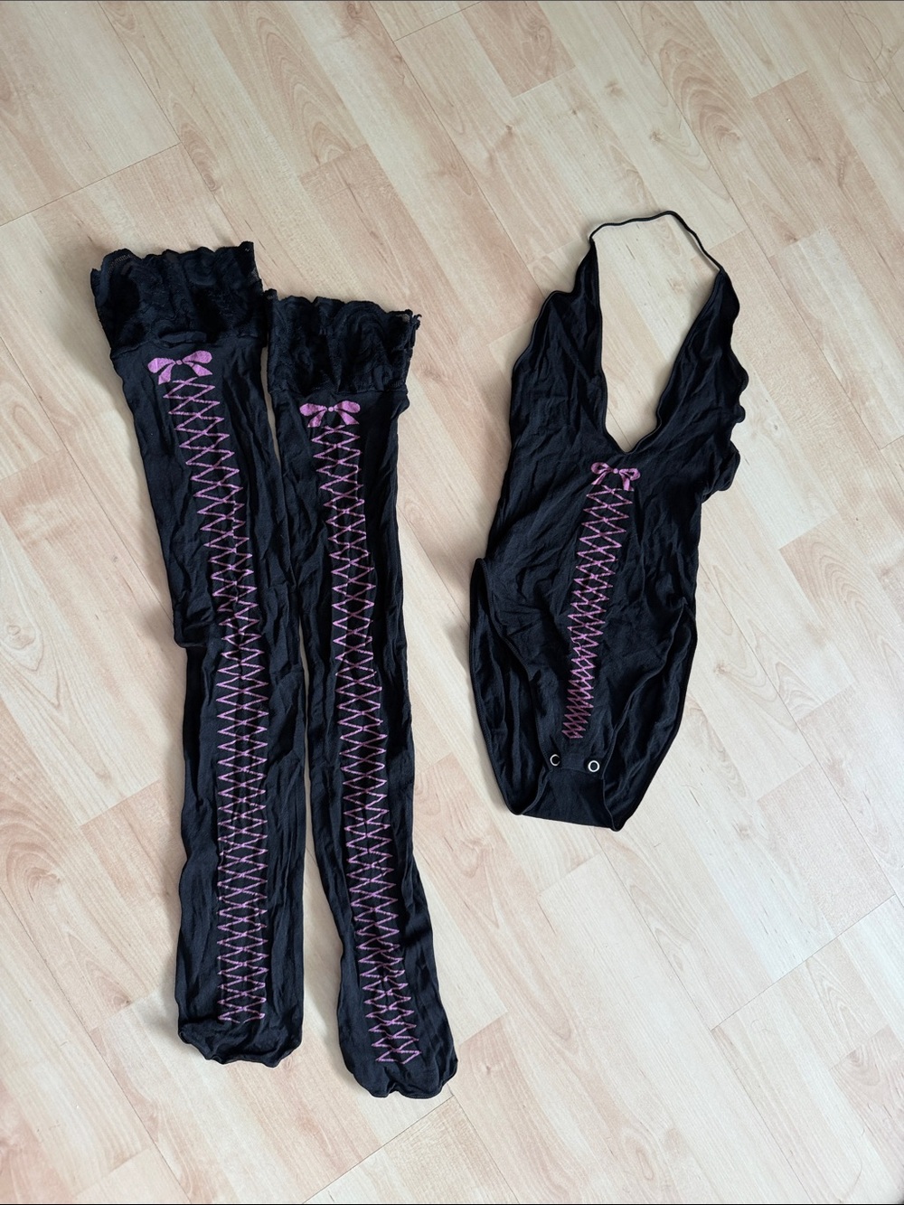 Pink Lace-Up Detail Black Bodysuit and Thigh-Highs Set